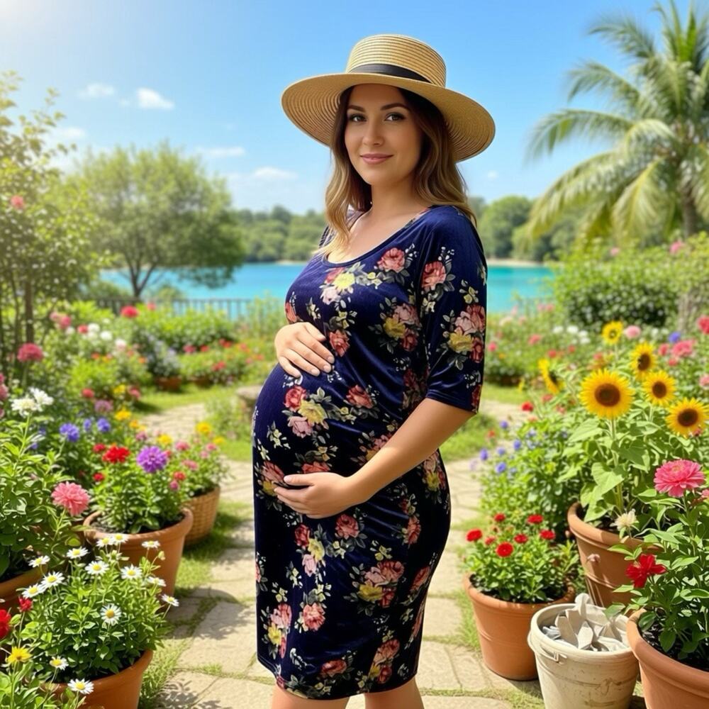 Mother Bee Maternity Midi Dress Blue Floral Velvet Size M/L Short Sleeve Soft